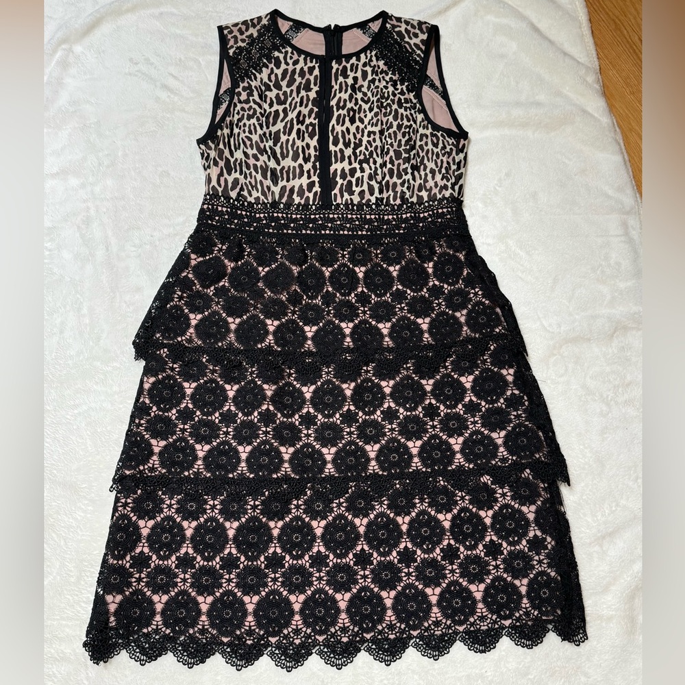 Nanette Lepore Black Lace over Blush Animal-Print Midi Dress
